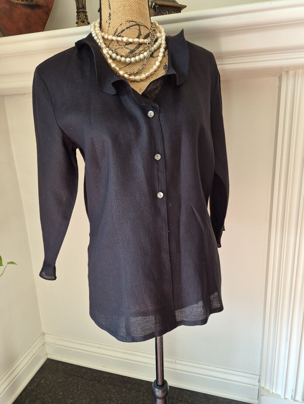 Talbots Black Button-Front Linen Blouse
